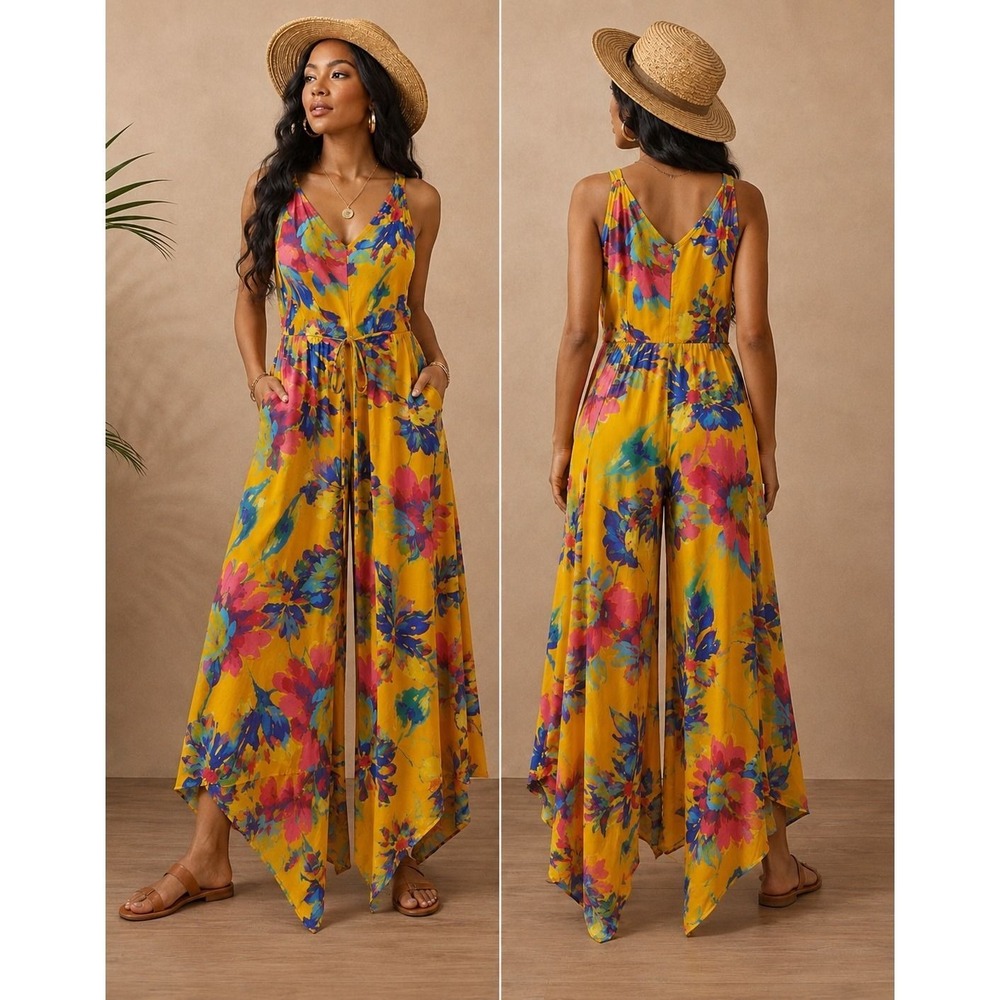 X1 100 Ivy Street Tropical Floral Handkerchief Hem Jumpsuit With Pockets